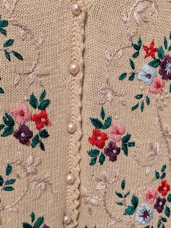 Jenny Vintage Cream Floral Embroidered V-Neck Cardigan Sweater - Picture 5 of 10